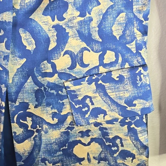 Carla Zampatti Blue and Gold Padded Shoulder Knee Lenght Coat 100% Silk  Size 10 - Picture 5 of 7